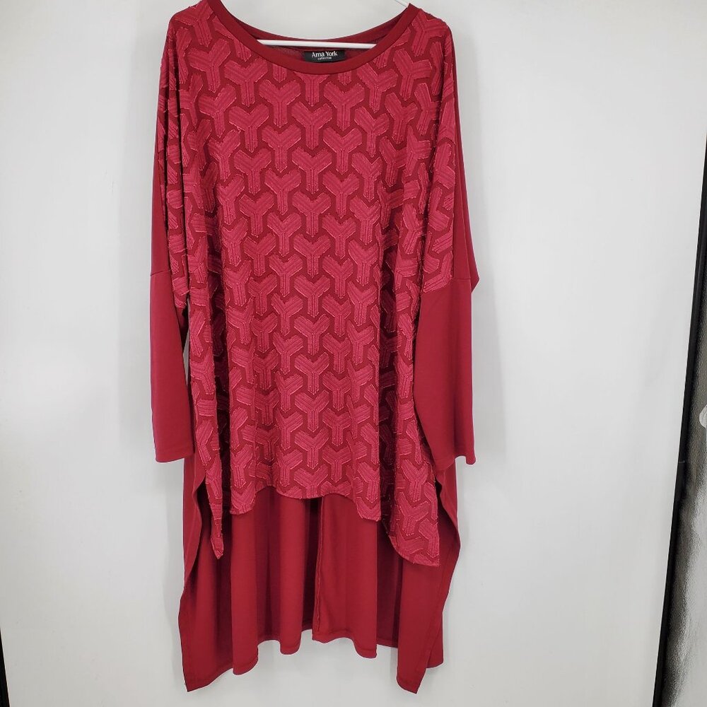 Arna York Red Textured High Low‎ Hem Long Sleeved Pullover Tunic Top Size 26/28
